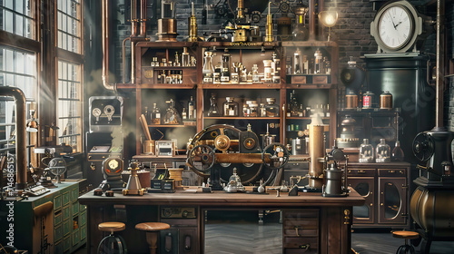 Steampunk Laboratory Set with Victorian-Inspired Machinery and Inventor's Workshop. Concept of Retro-Futurism and Innovation.