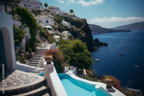 Panoramic Beauty of Santorini, Greece. Iconic Whitewashed Buildings, Blue Domed Churches, and Crystal-Clear Aegean Sea Waters. Paradise for Travel Enthusiasts and Dream Destination for Beauty Seekers.