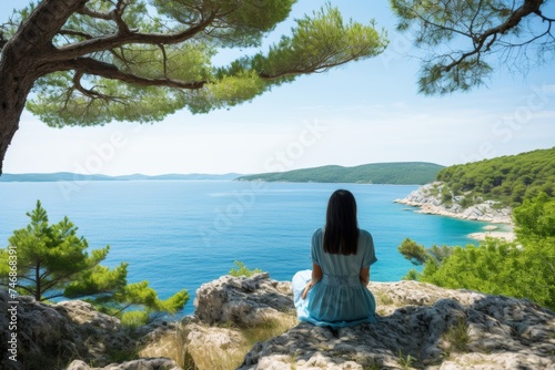 Tranquil Woman Sitting on a Rocky Cliffside, Gazing at the Azure Waters of the Adriatic Sea in Croatia, Europe, Finding Peace and Serenity in the Spectacular Coastal Landscape