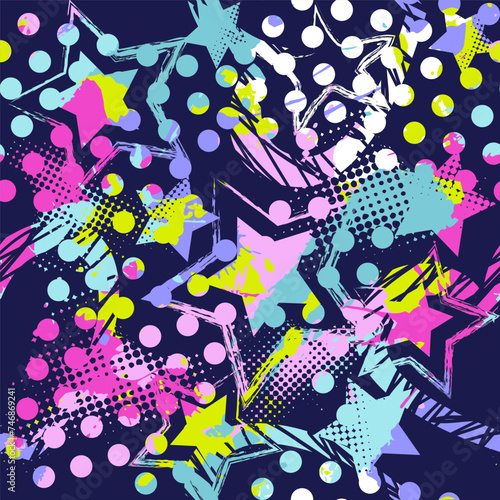 Abstract seamless chaotic pattern with urban geometric elements, scuffed, drops, stars and sprays. Grunge neon texture background. Wallpaper for teen girls. Fashion sport style