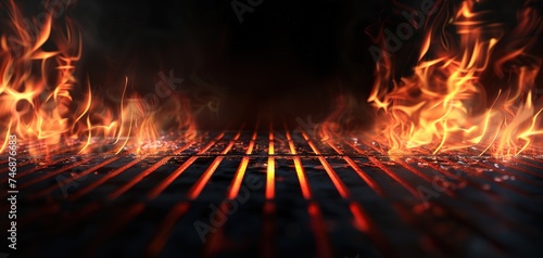 Hot empty portable barbecue BBQ grill with flaming fire and ember charcoal on black background