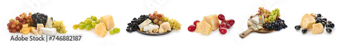 Collage of tasty cheeses and ripe grapes on white background