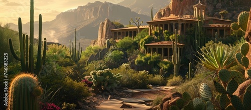 A house stands in the arid desert landscape, encircled by tall Saguaro and other cacti. The sun beats down on the rugged terrain, highlighting the unique flora.