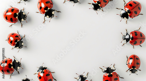 Ladybugs scattered on a white background. Flat lay composition with copy space. Natural world and insect concept for design and print, suitable for educational content or environmental graphics