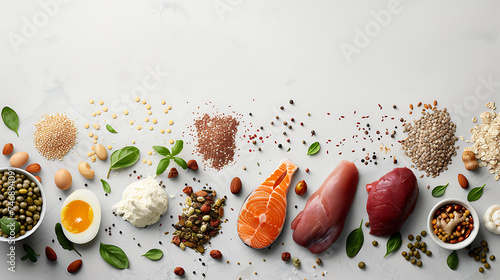 Variety of raw healthy food ingredients on a white background. Flat lay composition with copy space for design and print related to cooking, nutrition, and dietary planning