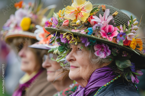 An elaborate Easter bonnet contest, with participants wearing hats decorated with feathers, flowers, and ribbons, displaying creativity and springtime flair.