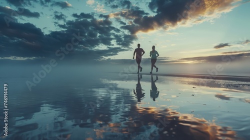 Couple on a morning run on the beach, back view. Healthy lifestyle. AI Generated