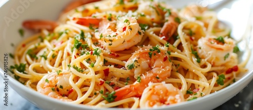 Delicious shrimp and tomato pasta dish with fresh ingredients on a rustic wooden table