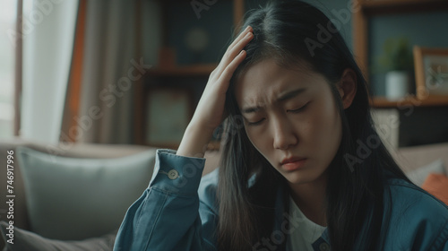 mulher asiática deprimida sentada no sofá da sala em casa sentindo dor de cabeça