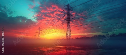 sustainable energy concept high voltage pole with power line transferring electricity from solar photovoltaic for sale at sunrise.