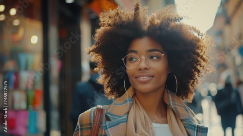 The stylish young woman with curly hair and glasses, smiling as she looks back in a busy urban street, exuding confidence and modern flair.