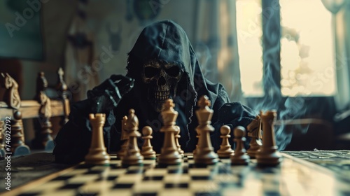 Chess board game concept of business idea, Grim Reaper is playing chess.