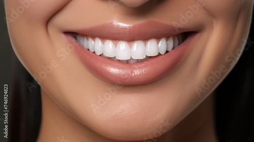 close-up front view of a smiling woman face with perfect white teeth and beautiful lips 