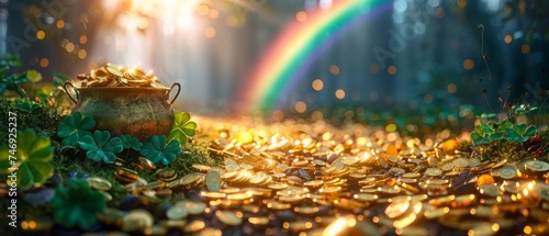 Colorful background featuring a pot of gold coins, clover leaves and rainbow, St. Patrick's Day concept