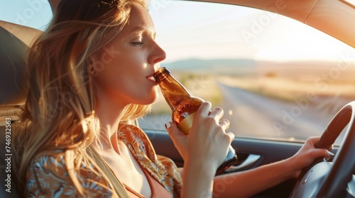 Woman holding a beer bottle and drinking while driving along the way