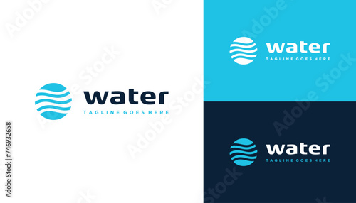 Underwater Water Wave Flow with Circular Monogram Line Art For Ocean Sea Beach Water Logo Design