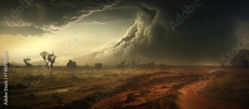 A painting depicting a desert scene with a looming storm in the sky, showcasing a dusty tornado swirling below the powerful thunderstorm.