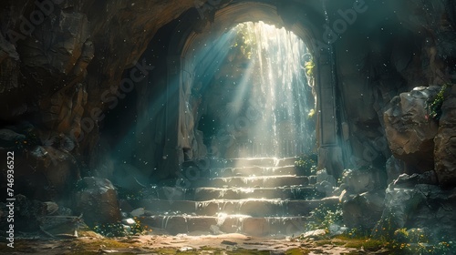 A depiction of the empty tomb, with beams of light streaming in through the entrance.