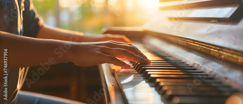 Close up of woman hands playing piano in sunset light. Music concept