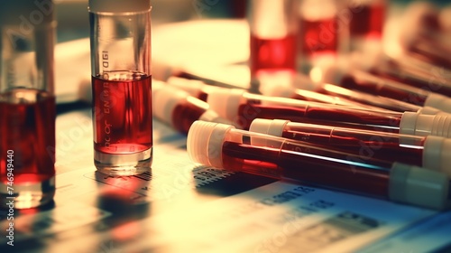 Blood test analysis with medical sample in glass tube for comprehensive diagnostic assessment