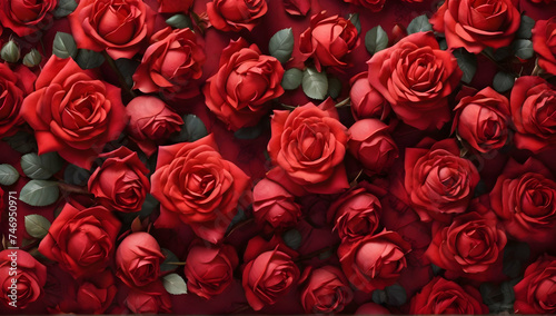 Beautiful red rose flowers background. Top view