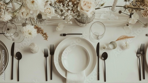 Minimalist wedding table setting featuring sleek white plates, modern silverware, and single stem floral arrangements, epitomizing contemporary elegance.