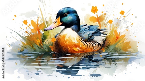 watercolor vector illustration of cute ducklings swimming in the river on a white background