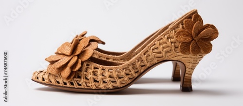 A wooden shoe adorned with a delicate flower on the heel, showcasing sustainable and ethical craftsmanship with eco-friendly raffia mules. The shoes unique design merges nature-inspired elements with