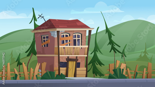 Abandoned old broken house with damaged fence on background with green hills. Cartoon vector dilapidated building with cracked windows boarded up with wooden planks, destroyed walls, derelict roof.