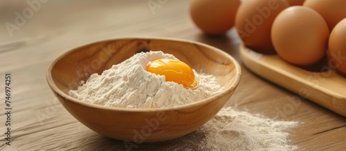 A wooden bowl filled with all-purpose flour, a key ingredient in many recipes, alongside an egg on a rustic wooden table, commonly used in various cuisines as a staple food