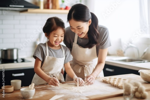 A mother and daughter cooking together in the kitchen, Fictional Character Created By Generated AI.