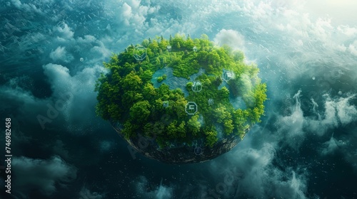 a green land around a beautiful green planet with different icons forming, in the style of human-canvas integration, kodak colorplus, internet academia, poster, landscape-focused, transportcore, softb