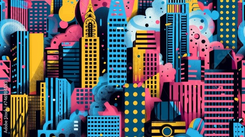Soft pop-art wallpaper adorned with abstract cityscape scenes, offering a contemporary interpretation of urban life