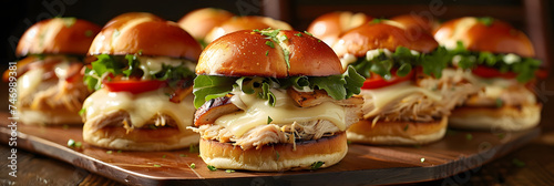 A colorful arrangement of turkey sliders takes center stage in this image, with each mini sandwich boasting a juicy turkey patty, melted cheese, crisp lettuce, and a dollop of zesty aioli.