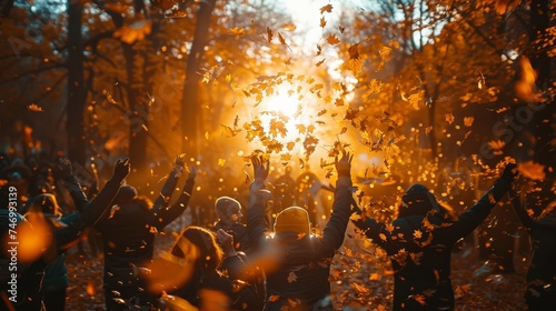 Autumn equinox celebration in a forest of golden leaves.