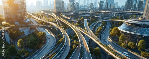 complex city street highway brige interchage with manny vihecle bridges for trafic solutions and smart automation of city infrastructure as wide banner design with hud futuricstic, Generative AI