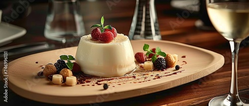 The restaurants exquisite presentation of the creamy vanilla panna cotta dessert on a wooden table, with elegant decoration, showcased the chefs skilled cooking and attention to detail, Generative AI