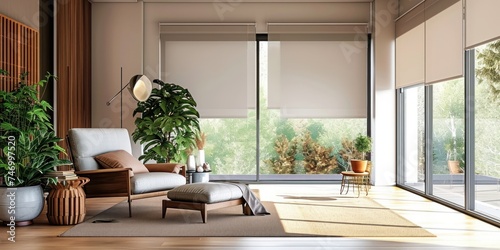 Motorized roller blinds automatic solar shades modern interior with relax chair electric sunscreen curtains for smart home, Generative AI