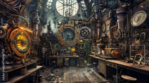 An elaborate steampunk workshop filled with gears, clocks, and steam-powered machinery, evoking a sense of industrial fantasy.