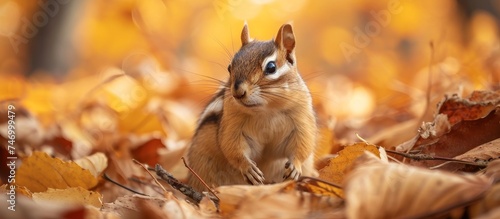 An Eastern chipmunk, a type of rodent and terrestrial animal, is perched on a pile of leaves in the Organ Mountains. With its fawn-colored fur, chipmunk features a snout, whiskers, and a bushy tail.