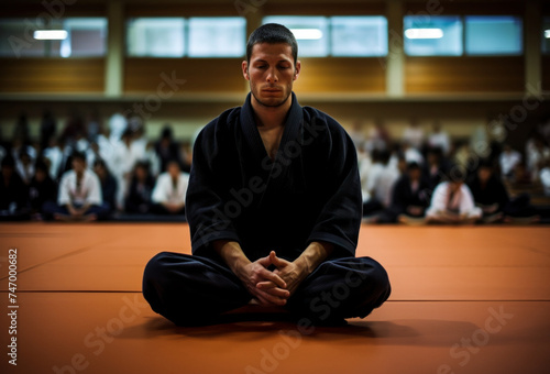 Martial Artist Meditating on Dojo Floor