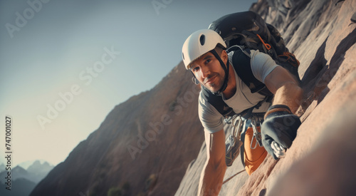 Focused Climber Ascending a Rocky Mountain