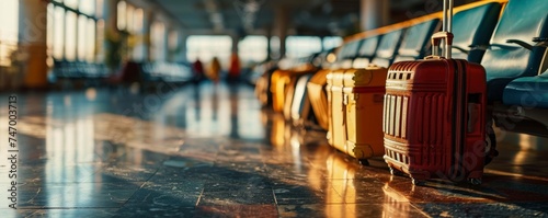 planning for business travel trip schedule and searching for a flight booking or for vacations and holiday travel concepts as wide banner of luggage suitcases at the airport , Generative AI