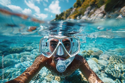 Man snorkeling over a coral reef in clear blue water.