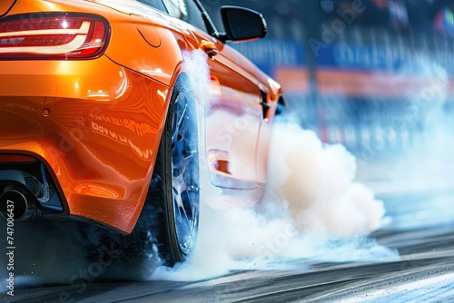 Gleaming orange sports car races down track with speed, leaving a cloud of smoke from its powerful engine