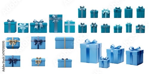 Collection of blue gift box isolated on a white background as transparent PNG