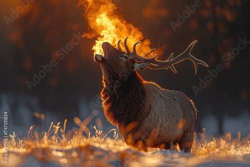 The exhaled air from an elk mouth howling.