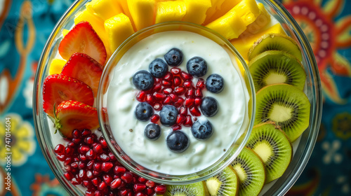 blog post of a fruit bowl, yogurt in the middle, sliced mango, pineapple circles, kiwi, strawberries, blueberries, pomegranate seeds. A glass bowl. The colourful kitchen is well lit. The image should 