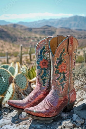 These detailed sparkling red cowboy boots are captured in a desert landscape, under the clear blue sky surrounded by cacti