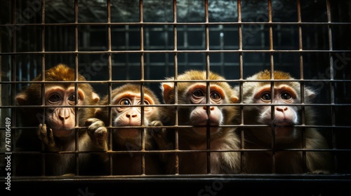 monkey in zoo or laboratory in cage. abe behind bars